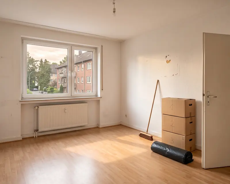 Symbolbild: leer geräumtes, besenreines Zimmer mit Besen und Kartons